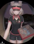  absurdres alternate_costume animal_ears blunt_bangs breasts cat_ears chest_jewel contemporary core_crystal_(xenoblade) delivery employee_uniform facial_mark fast_food_uniform food grey_hair head_wings highres looking_at_viewer nia_(xenoblade) nopon pepperoni pizza pizza_box pizza_delivery polo_shirt riku_(xenoblade) short_hair shorts smile solo uniform visor_cap wings xenoblade_chronicles_(series) xenoblade_chronicles_3 yellow_eyes zambonito 
