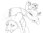 anthro big_breasts bouncing_breasts breasts brutal_paws_of_fury canid canine dreamworks duo felid female fight fours_(artist) fox foxy_roxy genitals hi_res kick kung_fu_panda mammal master_tigress pantherine pussy sketch small_breasts tiger