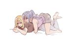  2girls barefoot blonde_hair breasts brown_shirt commentary_request crossed_arms full_body green_eyes grey_pants grey_shorts grin highres hood hoodie hug hug_from_behind korean_commentary large_breasts long_hair love_live! love_live!_sunshine!! lying matsuura_kanan multiple_girls ohara_mari on_stomach open_mouth pants pito_(sh02327) ponytail purple_eyes purple_hair purple_hoodie shirt short_sleeves shorts simple_background sleeveless sleeveless_hoodie smile white_background yuri 