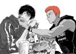  2boys atie1225 black_hair black_wristband burger closed_eyes fast_food food highres hood hoodie jacket looking_at_another male_focus multiple_boys parted_lips reaching_towards_another red_hair rukawa_kaede sakuragi_hanamichi sitting slam_dunk_(basketball) slam_dunk_(series) sleeveless sleeveless_hoodie sportswear track_jacket 