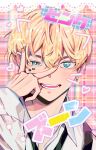  1boy blonde_hair blue_eyes blush glowing glowing_eyes long_sleeves looking_at_viewer male_focus matsuno_chifuyu pago0024 picture_frame smile sticker_on_face tokyo_revengers v 
