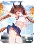  1girl :d absurdres animal_ears arm_up armpits arms_up artist_name bare_arms bare_shoulders blue_skirt blurry blurry_background border breasts brown_hair cheerleader cleavage clothes_writing commentary cowboy_shot daiwa_scarlet_(umamusume) grey_background hair_between_eyes hair_intakes hand_on_own_hip heart highres holding holding_pom_poms horse_ears horse_girl long_hair looking_at_viewer medium_breasts midriff miniskirt navel open_mouth panties pleated_skirt pom_pom_(cheerleading) red_eyes shirt skirt sleeveless sleeveless_shirt smile solo standing sweat symbol-only_commentary thighhighs thighs tiara twintails ugohato umamusume underboob underwear very_long_hair white_background white_border white_panties white_thighhighs wristband 