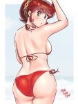  1girl ass back benten_(urusei_yatsura) bikini breasts from_behind green_eyes highres kenken28937178 large_breasts looking_at_viewer looking_back red_bikini red_hair short_hair sideboob solo swimsuit urusei_yatsura 