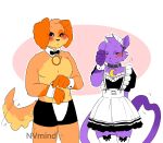anthro black_sclera blush blush_lines bodily_fluids bow_tie canid canine canis catnap_(poppy_playtime) clothed clothing collar covering covering_face crescent_moon critters_(poppy_playtime) dogday_(poppy_playtime) domestic_cat domestic_dog dress_up duo felid feline felis flustered fur heart_pupils hi_res maid_apron maid_headdress maid_uniform male male/male mammal moon nervous nervous_sweat nvmind orange_body orange_fur partially_clothed purple_body purple_fur sun sweat tail tail_motion tailwag uniform