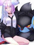  +_+ 1girl alternate_costume black_choker black_footwear black_necktie black_skirt blue_eyes choker collared_shirt highres iono_(pokemon) kana_(kanna_runa0620) long_hair looking_at_viewer luxray multicolored_hair necktie parted_lips pink_hair pokemon pokemon_(creature) pokemon_sv shirt shoe_soles shoes skirt two-tone_hair white_background white_shirt 