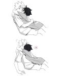  1boy 1girl boruto:_two_blue_vortex cat_(pixiv5891854) closed_eyes commentary_request facial_mark flying_sweatdrops glasses greyscale heart hetero highres hug kiss monochrome naked_shirt naruto_(series) pointy_hair shirt short_hair short_sleeves shorts simple_background uchiha_sarada uzumaki_boruto white_background 