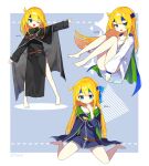  1girl absurdres barefoot blonde_hair blue_eyes blush borrowed_clothes closed_mouth cosplay cosplay_request headband highres long_hair offbeat one_eye_closed open_mouth puyopuyo schezo_wegey schezo_wegey_(cosplay) sitting smile solo wariza witch_(puyopuyo) 