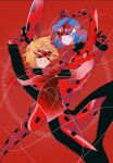  1boy 1girl adrien_agreste blue_eyes blue_hair bodysuit bug closed_mouth green_eyes highres ladybug ladybug_(character) looking_at_another marinette_dupain-cheng mask miraculous_ladybug misterbug_(character) red_background red_bodysuit red_mask seio_(nao_miragggcc45) short_twintails smile superhero_costume twintails yo-yo 