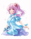  1girl akinomiya_asuka blue_jacket blue_skirt hair_ornament jacket leaf_hair_ornament long_hair okuchiri_minayu open_clothes open_jacket original pink_eyes pink_hair side_ponytail skirt solo touhou white_names_spoiled_past 