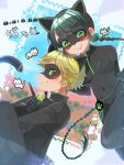  1boy 1girl adrien_agreste animal_ears bell black_bodysuit black_hair black_mask blush bodysuit braid cat_boy cat_day cat_ears cat_girl chat_noir green_eyes highres jingle_bell lady_noir long_hair looking_at_viewer marinette_dupain-cheng mask miraculous_ladybug shana3378 single_braid slit_pupils smile superhero_costume 