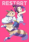 &gt;_&lt; 1boy 24x24 black_hair blue_shorts blush clothed_pokemon commentary_request full_body furret gloves highres holding holding_poke_ball jacket kieran_(pokemon) male_focus open_mouth pink_background poke_ball pokemon pokemon_(creature) pokemon_sv purple_hair shoes shorts simple_background single_glove sneakers tank_top white_jacket white_tank_top yellow_eyes 