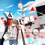  amamiya_hibiya bad_id bad_pixiv_id blood brown_hair day kagerou_days_(vocaloid) kagerou_project male_focus meega power_lines road_sign shorts sign sky solo vocaloid wince 