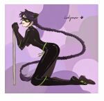  1girl absurdres animal_ears black_bodysuit black_hair black_mask bodysuit cat_ears cat_girl full_body green_eyes highres lady_noir looking_at_viewer marinette_dupain-cheng miraculous_ladybug purple_background slit_pupils smile solo superhero_costume user_pces8542 