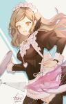  1girl alternate_costume apron atoatto brown_eyes brown_hair cosplay felicia_(fire_emblem) felicia_(fire_emblem)_(cosplay) fire_emblem fire_emblem_fates hana_(fire_emblem) long_hair maid maid_apron maid_headdress open_mouth sidelocks solo swept_bangs 