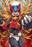  1boy absurdres armor black_bodysuit blonde_hair bodysuit cowboy_shot crotch_plate glowing glowing_eyes highres kuwagata_mura long_hair mega_man_(series) mega_man_zero_(series) omega_(mega_man) open_mouth red_eyes red_helmet sharp_teeth shirt sleeveless sleeveless_shirt solo teeth 