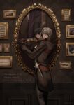  2boys absurdres antonio_salieri_(fate) antonio_salieri_(human)_(fate) antonio_salieri_(second_ascension)_(fate) artist_name ascot bags_under_eyes bow_(music) brown_hair character_name closed_mouth cowboy_shot dated different_reflection fate/grand_order fate_(series) grey_hair hair_between_eyes half-closed_eyes highres holding holding_bow_(music) holding_instrument holding_violin indoors instrument knife long_sleeves looking_at_another male_focus medium_hair mirror multiple_boys music nekohai_darake one_side_up orange_eyes pants photo_(object) picture_frame pinstripe_pants pinstripe_pattern pinstripe_suit playing_instrument red_eyes reflection signature smile standing striped_suit suit violin wallpaper_(object) white_ascot wolfgang_amadeus_mozart_(fate) 