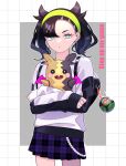  1girl alternate_costume asymmetrical_bangs backpack bag beads closed_mouth crossed_arms dusk_ball earrings english_text eyelashes green_eyes green_hairband hairband highres holding holding_pokemon jewelry kana_(kanna_runa0620) long_sleeves looking_at_viewer marnie_(pokemon) morpeko morpeko_(full) plaid plaid_skirt pleated_skirt poke_ball pokemon pokemon_(creature) pokemon_swsh ring shirt skirt twintails undershirt white_shirt 