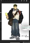  1boy art_program_in_frame bag baggy_pants bara beard_stubble blush denim facial_hair food full_body headphones headphones_around_neck highres ice_cream jacket jeans looking_to_the_side male_focus oc_(powerlesssong) off_shoulder open_clothes open_jacket original pants powerlesssong short_hair shoulder_bag smile solo standing stubble thick_eyebrows 