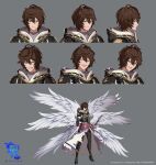  3d ahoge angry armor belt bishounen black_panties boots breastplate brown_hair cape clenched_teeth closed_eyes commentary commentary_request company_name expressionless expressions feathered_wings fingerless_gloves full_body gloves granblue_fantasy granblue_fantasy_versus:_rising grey_background hair_between_eyes happy head_tilt high_heel_boots high_heels highres hood hood_down logo messy_hair multiple_views official_art panties pants red_eyes reference_sheet sandalphon_(granblue_fantasy) scabbard sheath smile sword teeth tight_clothes tight_pants turtleneck underwear upper_teeth_only weapon white_cape white_wings wings 