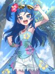  1girl adjusting_eyewear alternate_hair_length alternate_hairstyle blue_dress blue_eyes blue_hair blue_sky bracelet clenched_hands cloud cloudy_sky commentary cowboy_shot cutoffs day dress eyewear_on_head floral_print flower hair_flower hair_ornament half-dress hibiscus highres hirogaru_sky!_precure ishidai_(ishidai4682) jewelry long_hair looking_at_viewer medium_dress necklace one_side_up open_mouth outdoors palm_tree precure print_dress red_flower short_shorts shorts sky smile solo sora_harewataru spaghetti_strap standing sunglasses tree white_shorts 