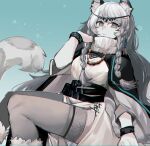  1girl arknights bad_hands belt black_belt black_cloak bracelet braided_sidelock cloak commentary_request dress feet_out_of_frame fur-trimmed_footwear fur_trim grey_eyes grey_hair grey_thighhighs hand_up head_chain highres infection_monitor_(arknights) jewelry long_hair looking_at_viewer necklace pramanix_(arknights) scarf smile snow_leopard_ears snow_leopard_girl snow_leopard_tail solo thighhighs wavy_hair white_dress white_scarf yukinohito_(koutyanomitai) 