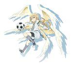  afuro_terumi ball bike_shorts catgirl0926 highres inazuma_eleven inazuma_eleven_(series) long_hair looking_at_viewer male_focus multiple_wings seraph simple_background smile soccer_ball solo telstar white_background wings zeus_(inazuma_eleven) 