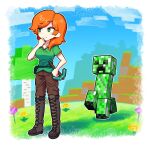  1girl 1other alex_(minecraft) block_(minecraft) block_(object) boots box_body brown_pants creature creeper field flower flower_field green_eyes green_shirt highres holding holding_pickaxe knee_boots long_hair minecraft minecraft_pickaxe orange_hair pants pickaxe satanmanse shirt 