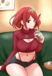  1girl alternate_costume breasts bubble_tea cleavage cleavage_cutout clothing_cutout couch cropped_sweater cup denim denim_shorts disposable_cup drinking_straw highleg highleg_panties highres holding holding_cup indoors jewelry large_breasts looking_at_viewer midriff navel necklace panties pyra_(xenoblade) red_eyes red_hair red_panties red_sweater short_hair shorts sitting solo sweater table tiara underwear wolkat xenoblade_chronicles_(series) xenoblade_chronicles_2 