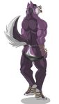  anthro back back_turned biceps blue_eyes bound butt canine clothing digitigrade dog folf fox fur hindpaw hybrid looking_at_viewer looking_back male mammal muscles nude panties panties_down paws plain_background pose purple purple_eyes purple_fur reclamon rope saliva shyloc solo standing strip_tease striptease tongue tongue_out topless underwear undressing white_background wolf 