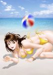  ball beach bikini breasts brown_eyes brown_hair cameltoe cloud day highres large_breasts motion_blur navel open_mouth original outdoors shadow shiny shiny_skin side-tie_bikini skindentation sky smile solo swimsuit yui_toshiki 