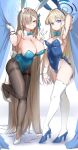  2girls absurdres animal_ear_hairband animal_ears aqua_bow aqua_bowtie aqua_leotard arm_up armpits asuna_(blue_archive) asuna_(bunny)_(blue_archive) asymmetrical_bangs black_pantyhose blonde_hair blue_archive blue_leotard blush bow bowtie breasts cleavage commentary_request detached_collar fake_animal_ears fake_tail full_body gloves groin hair_intakes hair_over_one_eye hairband halo highleg highleg_leotard highres huge_breasts keyfanjun leotard light_brown_hair looking_at_viewer mole mole_on_breast multiple_girls pantyhose playboy_bunny rabbit_ear_hairband rabbit_ears rabbit_tail smile standing standing_on_one_leg tail thighhighs toki_(blue_archive) toki_(bunny)_(blue_archive) w white_gloves white_thighhighs wrist_cuffs 