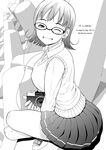  camera digital_media_player fang glasses greyscale headphones ipod looking_at_viewer monochrome neyuki_rei olympus one_eye_closed pleated_skirt sitting skirt smile solo sweater_vest 