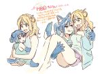  2girls aged_down animal_ears animal_hands blonde_hair blue_hair blue_shirt braid carrying child commentary_request crown_braid dated dog_ears dog_tail dolphin_shorts fang green_eyes hair_bun happy_birthday heart highres kemonomimi_mode korean_commentary licking_lips love_live! love_live!_sunshine!! matsuura_kanan medium_hair multiple_girls ohara_mari open_mouth pito_(sh02327) ponytail princess_carry purple_eyes purple_shorts shirt shorts simple_background single_hair_ring smile sweatdrop tail tongue tongue_out translation_request white_background yuri 