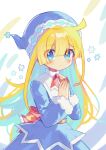  1girl absurdres blonde_hair blue_eyes blush closed_mouth highres long_hair looking_at_viewer offbeat own_hands_together puyopuyo solo upper_body witch_(puyopuyo) 