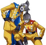  android arm_on_shoulder artist_name black_footwear blue_cape boots brothers cape colored_sclera colored_skin dragon_ball dragon_ball_super dragon_ball_super_super_hero energy_gun fins gamma_1 gamma_2 grey_skin head_fins highres jacket looking_at_viewer mine1225 pants red_cape siblings simple_background weapon white_background yellow_jacket yellow_pants yellow_sclera 