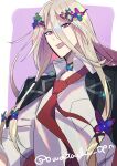  1boy :p artist_name black_jacket blonde_hair border breast_pocket choker closed_mouth collared_shirt fate/grand_order fate_(series) flower flower_choker hair_between_eyes hair_flower hair_ornament hairclip highres jacket jacket_on_shoulders kiritachi long_hair long_sleeves looking_at_viewer male_focus necktie official_alternate_costume outside_border pocket purple_background purple_choker purple_eyes purple_flower school_uniform shirt simple_background solo tongue tongue_out twitter_username very_long_hair white_border white_shirt wing_collar wolfgang_amadeus_mozart_(fate) 