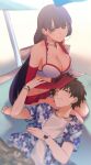  1boy 1girl absurdres bare_shoulders beach_umbrella bikini black_hair black_shorts blue_eyes blue_shirt blush breasts choker cleavage collarbone commentary_request commission cross cross_choker earrings elbow_gloves fate/grand_order fate_(series) floral_print fujimaru_ritsuka_(male) fujimaru_ritsuka_(male)_(tropical_summer) gloves hand_on_another&#039;s_head hawaiian_shirt highres jewelry kpaoi lap_pillow large_breasts long_hair martha_(fate) martha_(swimsuit_ruler)_(fate) martha_(swimsuit_ruler)_(third_ascension)_(fate) neck purple_eyes red_gloves red_skirt shirt shorts sitting skeb_commission skirt sweatdrop swimsuit umbrella very_long_hair wariza watch white_bikini white_shirt wristwatch 