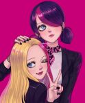  2girls black_jacket blazer blonde_hair blue_eyes blue_hair closed_mouth forehead gongonsrr goth_fashion hand_in_own_hair highres jacket marinette_dupain-cheng miraculous_ladybug multiple_girls one_eye_closed open_clothes open_jacket pink_background shirt smile upper_body v white_shirt zoe_lee 