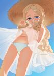  1girl 2l_(2lsize) bare_shoulders blonde_hair blue_eyes blue_sky blush breasts commentary_request day dress from_below glasses hat highres lily_(2l) long_hair looking_at_viewer navel no_bra original outdoors panties parted_bangs see-through see-through_dress sky small_breasts smile solo straw_hat thick_eyebrows underwear white_dress white_panties wind 
