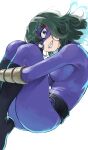  1girl absurdres black_footwear bodysuit boku_no_hero_academia boots breasts commentary_request domino_mask fengling_(furin-jp) green_eyes green_hair grin highres large_breasts looking_at_viewer mask purple_bodysuit purple_mask sharp_teeth short_hair smile solo teeth tokage_setsuna 