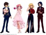  athrun_zala blonde_hair blue_eyes blue_hair bouquet brother_and_sister brown_eyes brown_hair cagalli_yula_athha dress flower formal green_eyes gundam gundam_seed gundam_seed_destiny hair_ornament haro highres holding holding_bouquet kira_yamato lacus_clyne official_alternate_costume official_art pants pink_dress pink_hair purple_eyes short_hair siblings smile suit yellow_eyes 