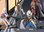  2girls 4boys arms_around_waist astral_express_(honkai:_star_rail) aventurine_(honkai:_star_rail) black_choker black_footwear black_gloves black_jacket black_pants blonde_hair blue_jacket blue_skirt bra_strap bracelet brown_hair caelus_(honkai:_star_rail) choker coat commentary_request crossed_bangs dan_heng_(honkai:_star_rail) dress earrings faceless full_body fur_trim gloves grey_coat grey_hair grey_pants hand_to_own_mouth head_out_of_frame himeko_(honkai:_star_rail) holding_another&#039;s_wrist honkai:_star_rail honkai_(series) jacket jewelry legs_apart long_hair long_sleeves march_7th_(honkai:_star_rail) multiple_boys multiple_girls nara_nakiri pants partially_fingerless_gloves pink_hair pleated_skirt pulling red_hair signature skirt star_rail_special_pass_(honkai:_star_rail) thigh_strap tied_jacket trailblazer_(honkai:_star_rail) welt_yang white_coat white_dress 