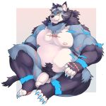 absurd_res anthro areola arm_scar belly biceps big_belly big_muscles biped black_body black_fur blue_claws border canid canine canis chest_scar claws countershade_fur countershade_torso countershading eye_scar facial_scar finger_claws flaccid foreskin fur genitals glans green_eyes grey_eyes hair hand_scar heterochromia hi_res humanoid_genitalia humanoid_hands humanoid_penis lucus_(lucusold) lucusold male mammal multicolored_body multicolored_fur muscular muscular_anthro muscular_male nipples nude on_ground pawpads paws pecs penis pubes scar simple_background sitting solo teeth thigh_scar toe_claws white_body white_border white_countershading wolf yellow_sclera