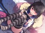  1girl ahoge ass black_hair blue_hair blush collarbone commentary_request dutch_angle hair_over_one_eye hands_up highres holding hood hood_down hoodie indoors knees_up long_hair long_sleeves multicolored_hair nintendo_switch no_shoes non-web_source open_mouth original panties pillow puffy_long_sleeves puffy_sleeves red_eyes sitting solo striped_clothes striped_thighhighs sweat thighhighs toyosaki_shu two-tone_hair underwear very_long_hair white_hoodie white_panties 