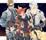  4boys :d alpha_(ff14) beard biggs_(ff14) black_pants black_scarf blush braid brown_hair chocobo cid_nan_garlond closed_eyes facial_hair final_fantasy final_fantasy_xiv g&#039;raha_tia goggles hair_slicked_back hand_on_own_hip headpat highres jewelry multiple_boys necklace omega_(final_fantasy) pants scarf shirt smile tladpwl03 wedge_(ff14) white_hair white_shirt 