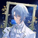  1boy alternate_costume ascot blue_flower blue_gemstone blue_hair blue_rose brooch closed_mouth curtained_hair empty_picture_frame flower gem genshin_impact gloves hair_between_eyes hair_over_shoulder half_gloves holding holding_flower jacket jewelry kamisato_ayato lapels leaf long_hair long_sleeves looking_at_viewer low_ponytail male_focus mole mole_under_mouth notched_lapels picture_frame purple_eyes qixing_dan rose shirt sideways_glance sky smelling_flower smile solo star_(sky) starry_sky upper_body weibo_logo weibo_watermark white_ascot white_gloves white_jacket white_shirt 