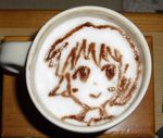  :&gt; blush_stickers cappuccino_(drink) coffee cup food food_art hagiwara_yukiho idolmaster idolmaster_(classic) latte_art photo ryanse short_hair unconventional_media 