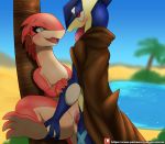  2018 absurd_res anthro blue_eyes blush crossover cum cum_in_pussy cum_inside digital_media_(artwork) drauk duo ear_piercing ever_oasis eye_scar eyelashes female female_penetrated greninja hi_res looking_pleasured male male/female male_penetrating miura nintendo open_mouth palm_tree patreon penetration penis piercing pok&eacute;mon pok&eacute;mon_(species) pussy red_eyes scalie scar sex spread_legs spreading tongue tongue_out tree url vaginal vaginal_penetration video_games winick-lim 