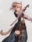  1girl absurdres animal_ears black_thighhighs blonde_hair cat_ears cat_girl cat_tail dual_wielding facial_hair facial_mark final_fantasy final_fantasy_xiv green_eyes grey_background highres holding holding_weapon long_hair maeka_(kumaekake) ninja_(final_fantasy) ponytail short_sleeves slit_pupils solo tail thighhighs warrior_of_light_(ff14) weapon whisker_markings 