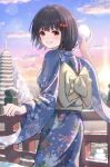  1girl absurdres aiming aiming_at_viewer black_hair blue_kimono bow dawn floral_print_kimono gradient_sky grin hair_bow hibike!_euphonium highres hisaishi_kanade holding_snowball huge_bow japanese_clothes kimono looking_at_viewer mikoso_yuri obi outdoors red_bow red_eyes sash short_hair sky smile snowman solo sunrise white_bow wide_sleeves winter 